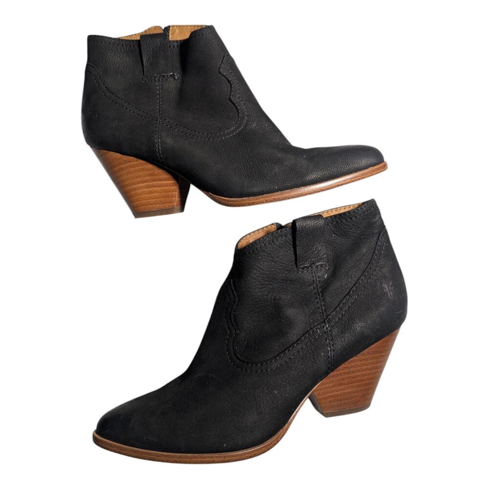 Frye Reina Black Burnished Suede Block Heel Pointed Toe Western Ankle Boots Sz 7